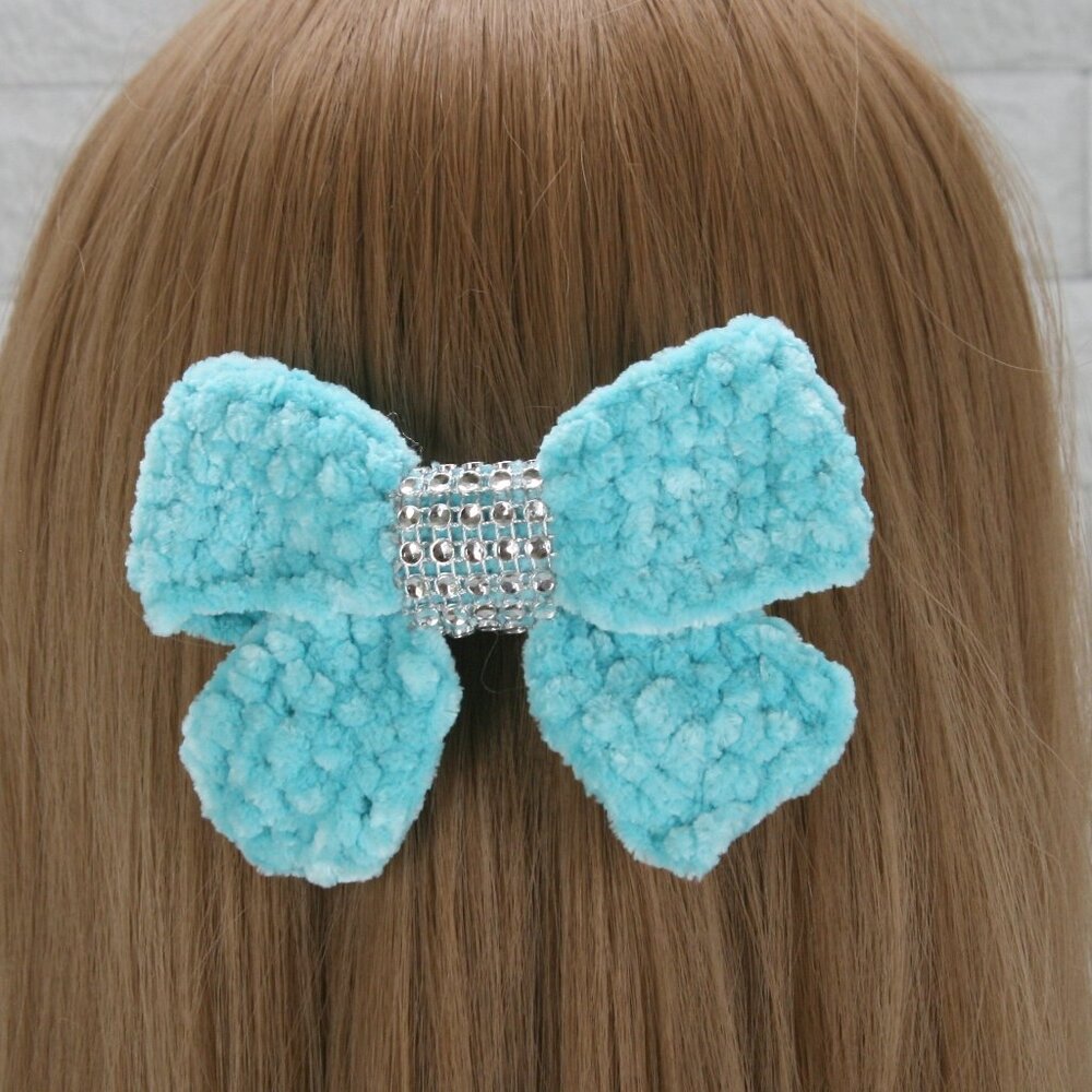 HAND CRAFTED Crochet Bow Chenille Velvet Hair Barrette Oversized Bling Aqua